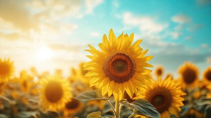 Obraz premium Vibrant Sunflower Field Stretching Under Scenic Blue Sky