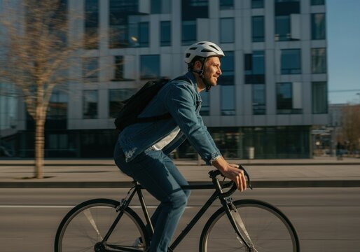 Young man cycling through city streets, wearing helmet and backpack, enjoying his commute