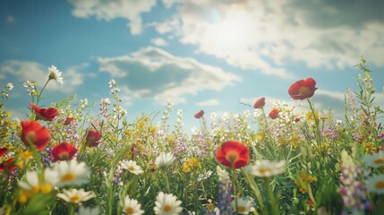Obraz premium Vibrant Wildflower Meadow Under a Scenic Sky with Fluffy Clouds