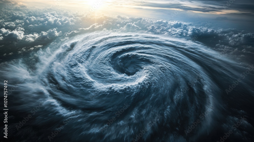 Poster An immense hurricane forms in the open ocean, showcasing powerful winds and swirling clouds beneath a dramatic sky. Generative AI
