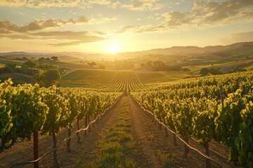 Fototapeta premium Stunning Sunset Over a Sprawling Vineyard in the Countryside