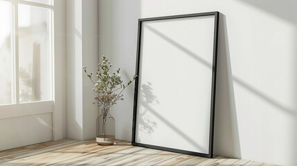 a black framed poster mockup leaning against the wall on wooden floor with window reflections