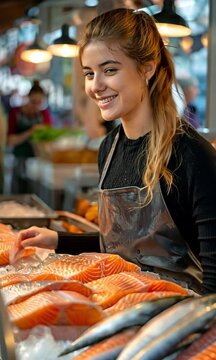 A polite female employee at a fish store with an apron is serving a woman customer fresh, raw salmon.