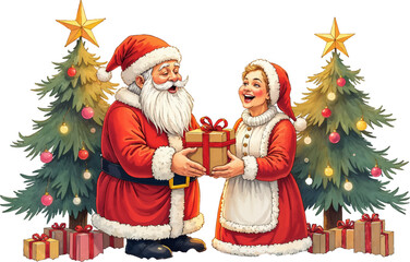Santa Claus and a joyful girl exchanging a gift in a festive, decorated Christmas setting with trees and presents Watercolor vector