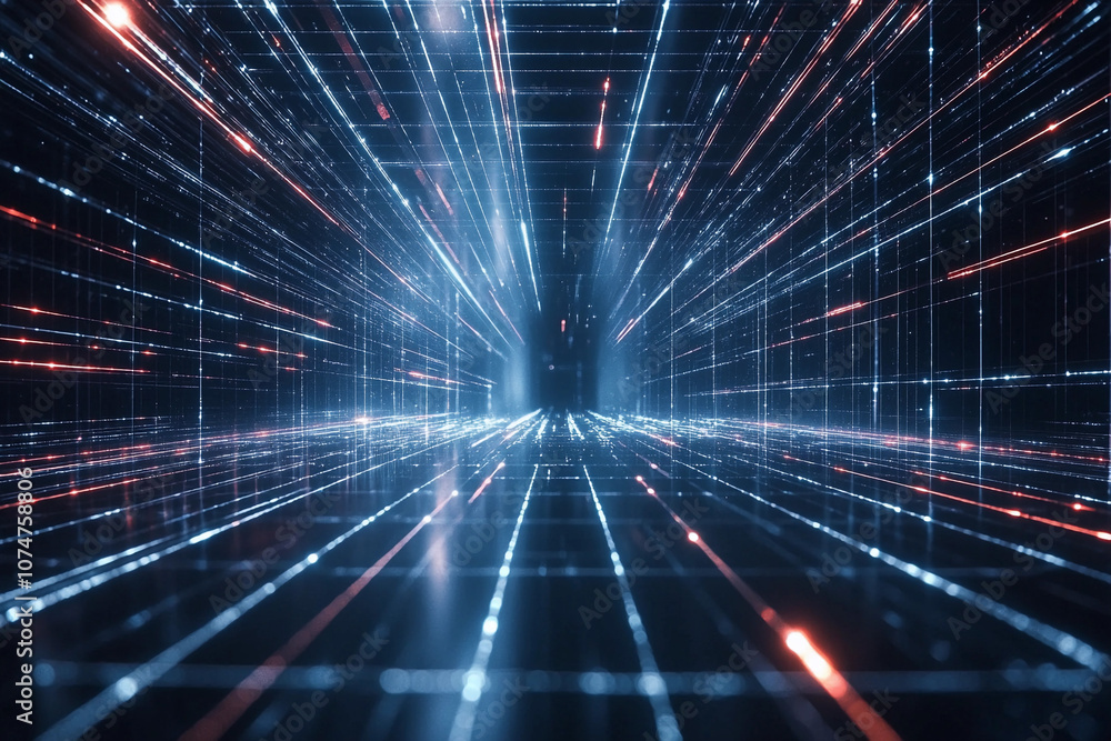 Poster abstract digital tunnel with glowing lines in futuristic style