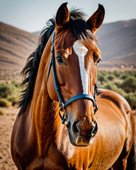Obraz premium Majestic Brown Horse with White Blaze Wearing a Blue Bridle Standing in a Scenic Desert Landscape with Mountains in the Background, Capturing the Beauty and Strength of Equine Animals in Nature’s Wild