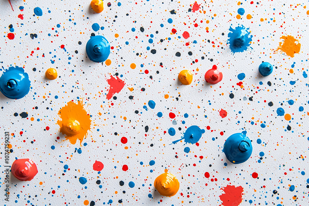 Poster colorful splashes of paint create an artistic pattern on a canvas