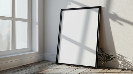 a black framed poster mockup leaning against the wall on wooden floor with window reflections