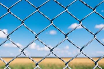 Fototapeta premium An agricultural area with a wire fence strung across golden grasslands under a blue sky. The impact of land division on wildlife migration patterns.