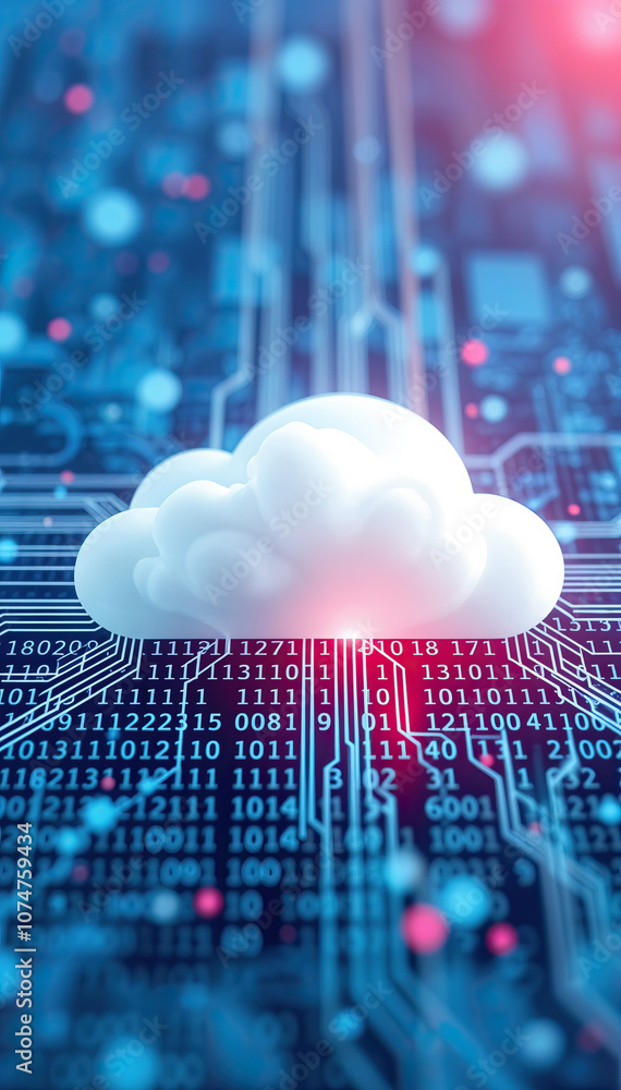 Poster cloud icon over digital data grid with neon lights binary code futuristic cloud computing vertical format