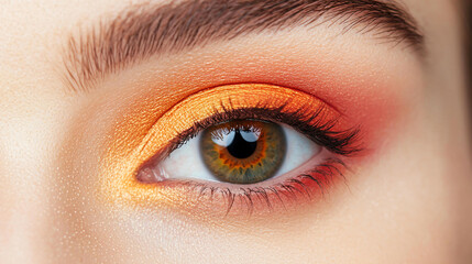 Fototapeta premium Vibrant eye makeup featuring gradient of orange and yellow hues, showcasing stunning blend of colors that enhances natural beauty of eye