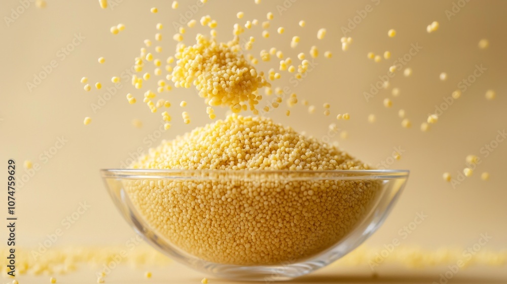 Poster couscous groats are shown suspended mid air creating dynamic effect as they separate one another bow