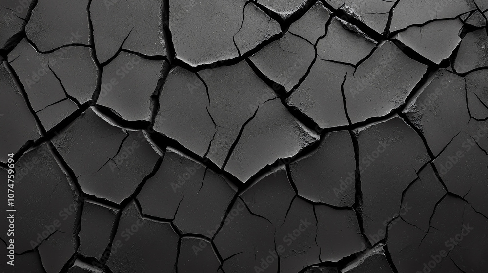 Poster abstract background cracked black concrete texture with rough surface and deep fissures, creating dr