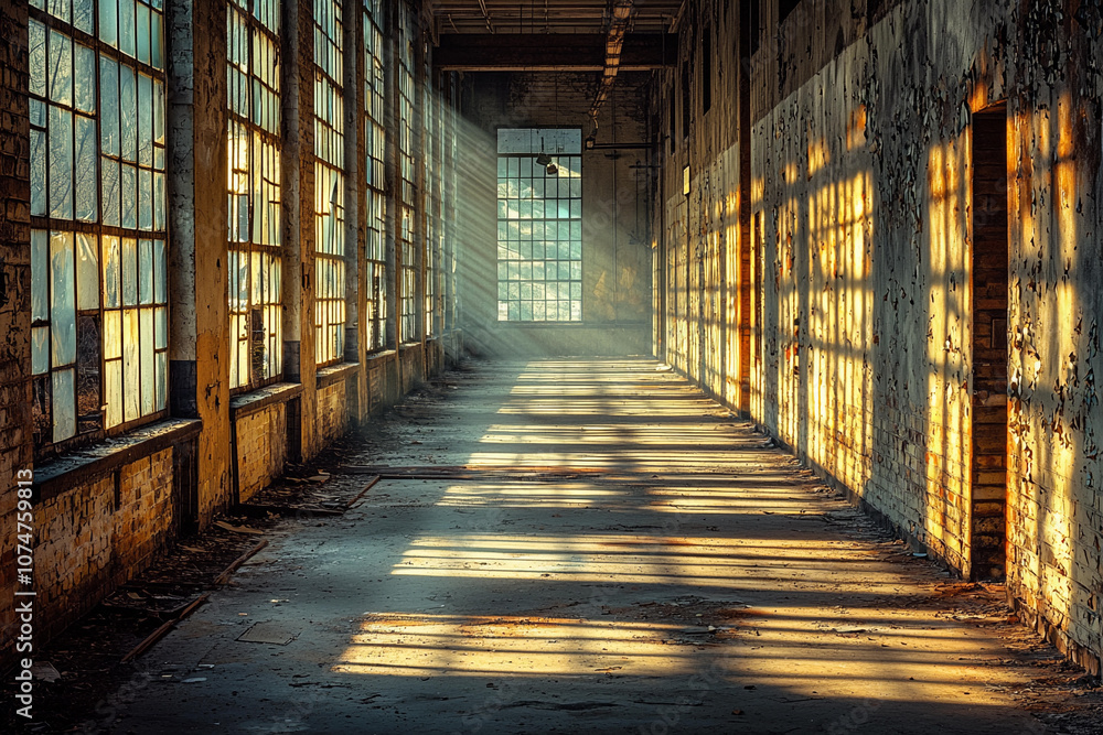 Poster sunlight streams through windows in an abandoned industrial building