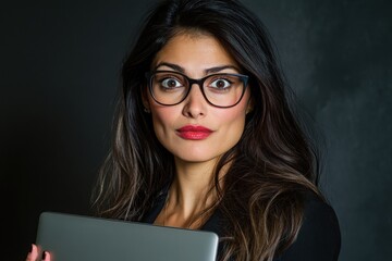 Confident Woman in Glasses Holding Laptop with Bold Expression, Against Dark Background, Representing Modern Professionalism and Empowerment in the Workplace