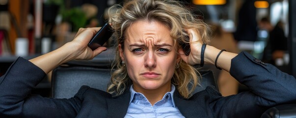 Young professional woman experiencing stress and frustration at work while holding her phone, showcasing the pressures of modern corporate life in a bustling office environment.