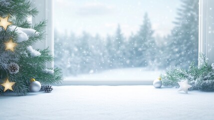 Fototapeta premium A serene winter scene with snow, a decorated tree, and a snowy landscape visible through a window.