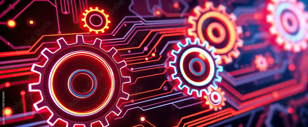 Poster multiple red glowing gears on digital circuit background futuristic technology automation