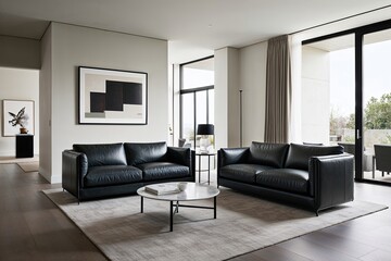 Stylish Charcoal Leather Sofa and Minimalist Wall Art in Elegant Open Space Interior Design