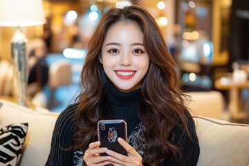 Young Woman with Long Hair Smiling While Holding a Smartphone in a Cozy Indoor Setting with Warm Ambient Lighting