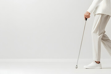 Close up of elderly man holding a walking stick, cane isolated on white background