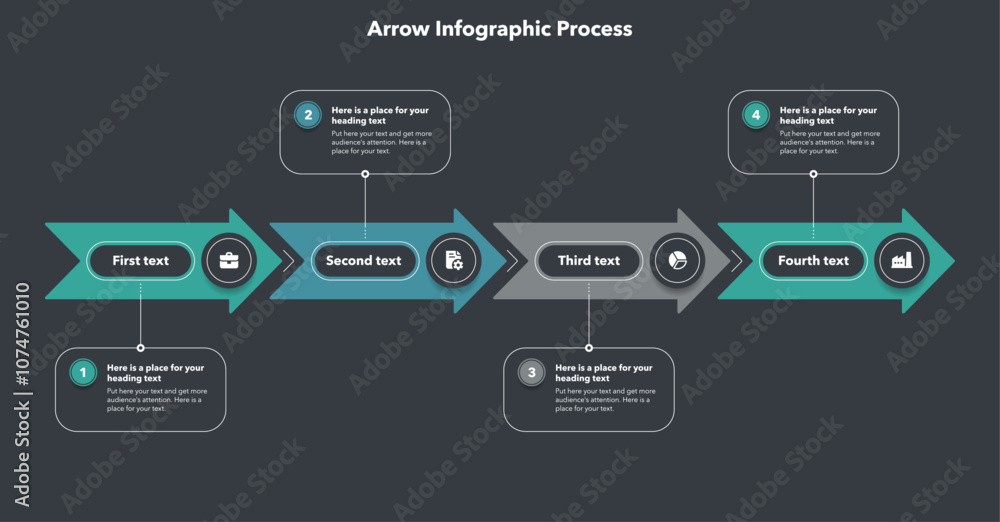 Poster arrow infographic process template with four steps - dark version. graphic diagram with numbers and 