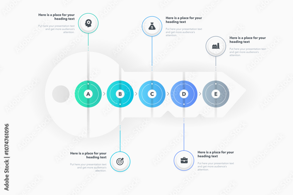 Poster Problem solving process infographic template with five steps and a key as a main symbol. Modern flat diagram for project data visualization.