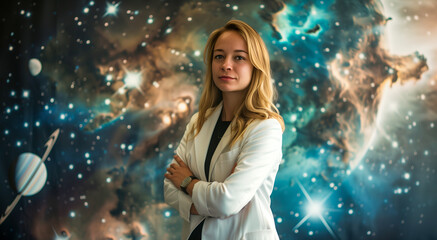 Blonde female astrophysicist wearing white coat with a galaxy in the background