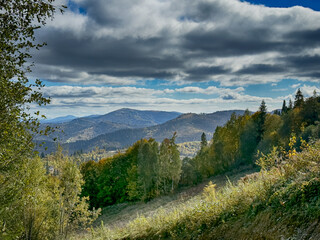 The landscape of Carpathian Mountains in the sunny weather. Perfect weather condition in the autumn...