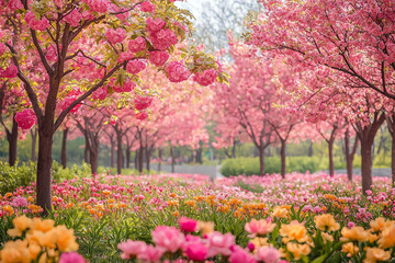 Naklejka premium Blooming pink trees and vibrant flowers in spring
