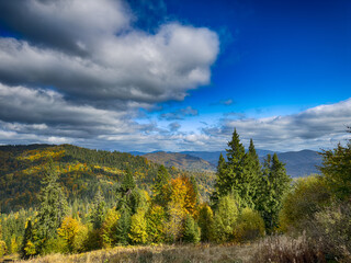 The landscape of Carpathian Mountains in the sunny weather. Perfect weather condition in the autumn season