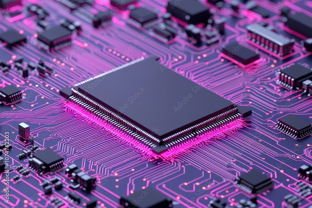 Poster cpu chip on motherboard. computer technology and internet concept.