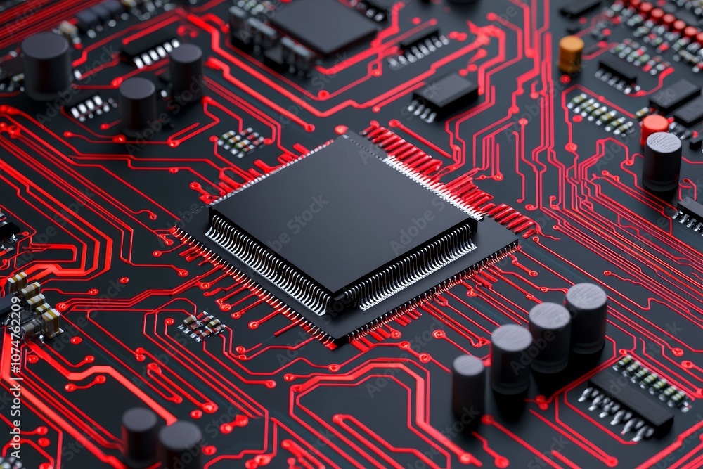 Poster a circuit board with a cpu. a motherboard system chip with a glowing processor. image of computer an