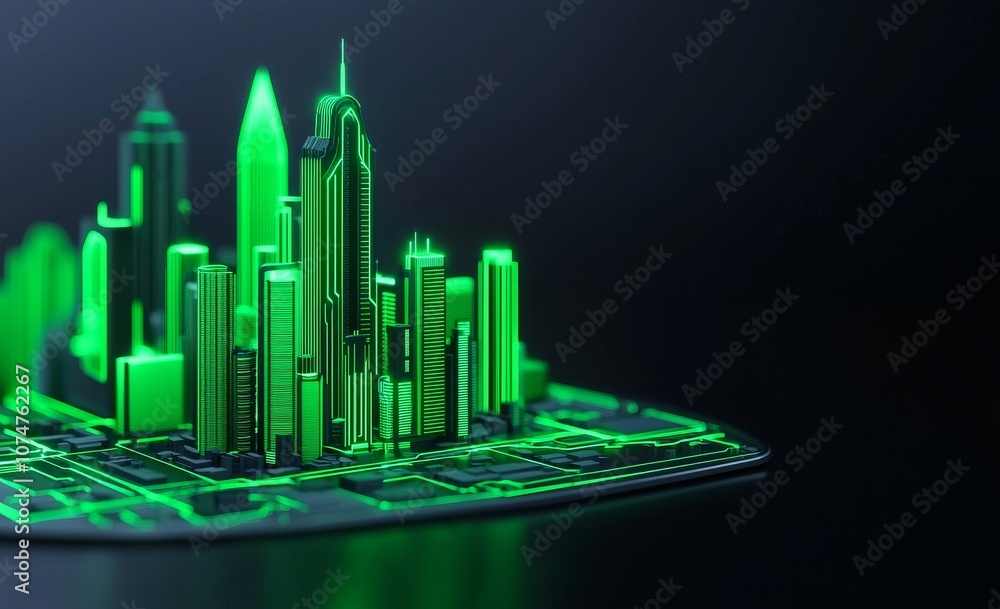 Poster tech background 3d illustration. quantum computer architecture. fantastic night city. global communi