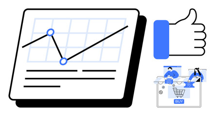 Obraz premium Graph with upward trend, thumbs up icon, online shopping elements with digital interface. Ideal for business growth, marketing strategy, e-commerce, customer satisfaction, data analysis, financial