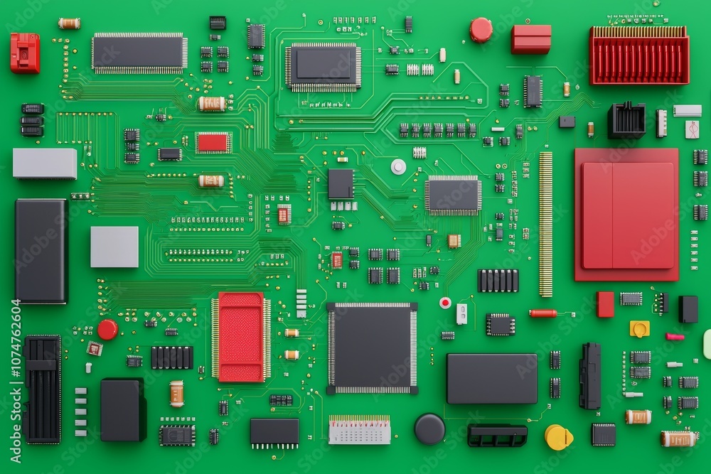 Poster chips and radio components attached to a printed circuit board