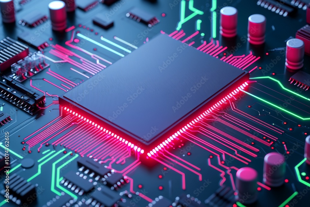 Poster green quantum computing cpu processor concept in 3d.