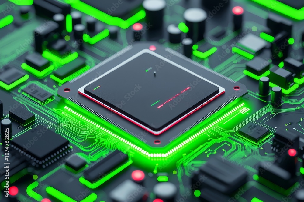 Poster the concept of a green quantum computing cpu processor. 3d illustration of the concept