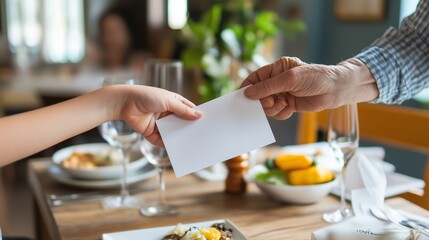 A person hands an envelope to another over a dining table during a casual lunch in a cozy restaurant setting