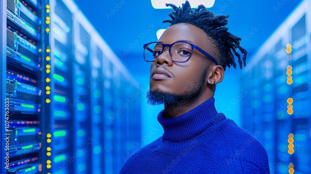 Poster an african american male system administrator working with data protection network for cyber securit