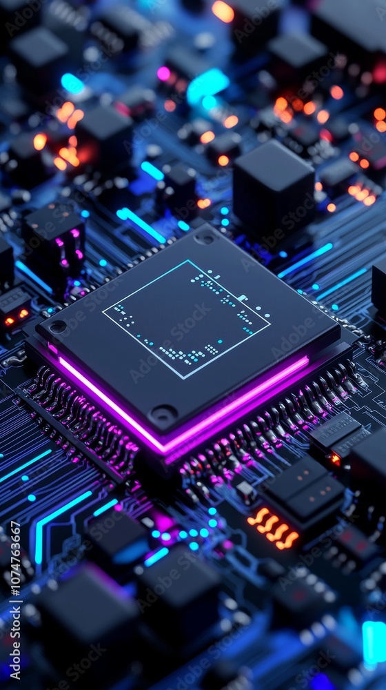 Poster 3d glowing cubic chips. ai rendered. quantum computing units, superconducting circuits, quantum part