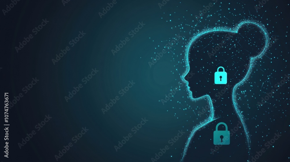Leinwandbilder A person’s silhouette appears against a digital backdrop, featuring lock symbols that emphasize the importance of privacy in AI applications. Generative AI