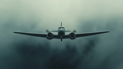 Vintage airplane flying through mystical clouds with moody atmosphere