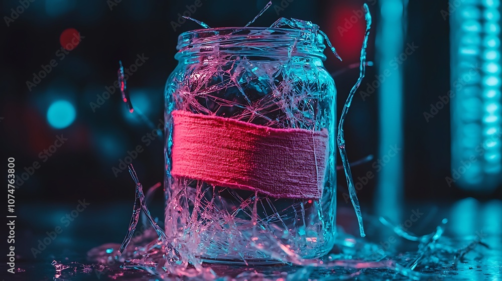 Aufkleber broken glass jar with bandage displaying fractured beauty and vulnerability in a colorful light sett