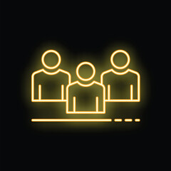 Yellow neon icon of three people standing together representing a team glowing on a black background