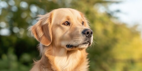 A close-up of a Golden Retriever with a gentle, empathetic expression, tilting its head slightly as if listening intently