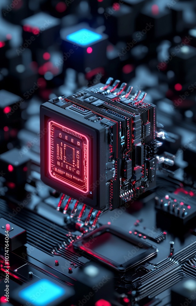 Poster an ai circuitry technology with quantum information processing. a glowing 3d cpu. superconducting qu
