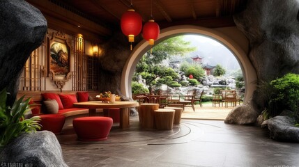 Tranquil Asian-Inspired Living Room with Garden View