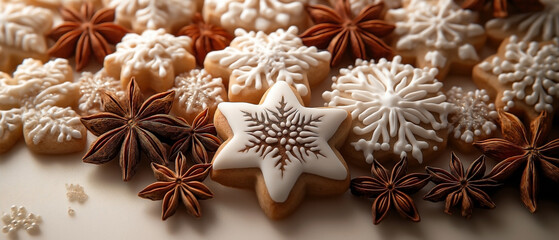 numerous white and brown gingerbread cookies with anise stars, surrounded by many Ceylon star anise or tea garments for Christmas. 