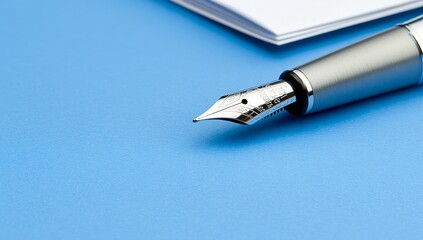 Fototapeta premium Five Steps to Pen Writing on a Blue Background with a Silver Fountain Pen